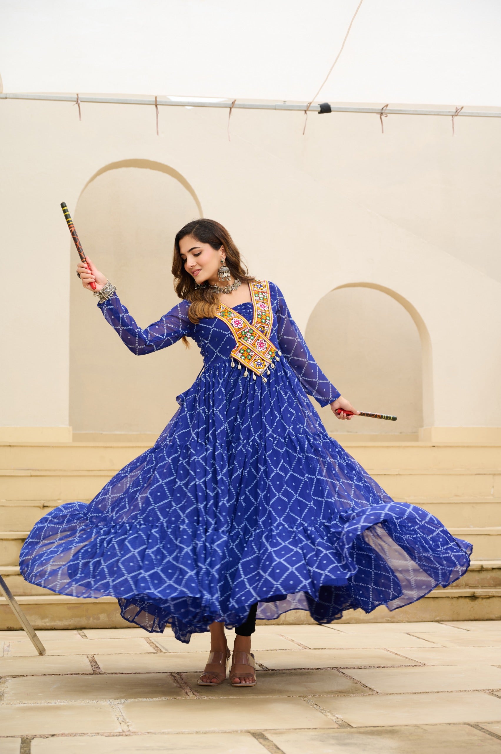 BANDHANI PRINT FAUX GEORGETTE GOWN WITH KUTCHI PATCHWORK