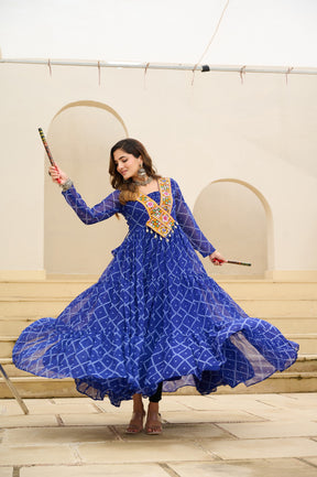 BANDHANI PRINT FAUX GEORGETTE GOWN WITH KUTCHI PATCHWORK