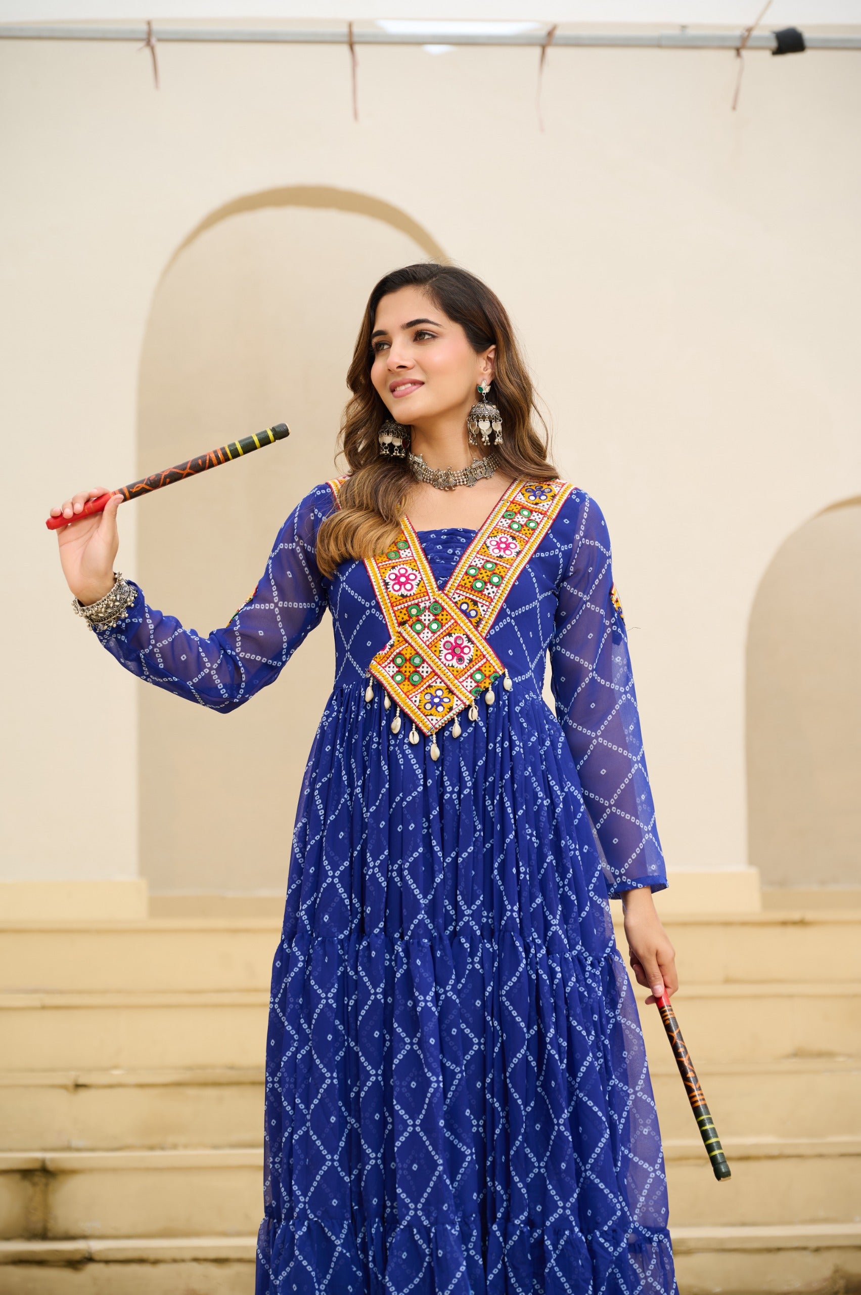 BANDHANI PRINT FAUX GEORGETTE GOWN WITH KUTCHI PATCHWORK