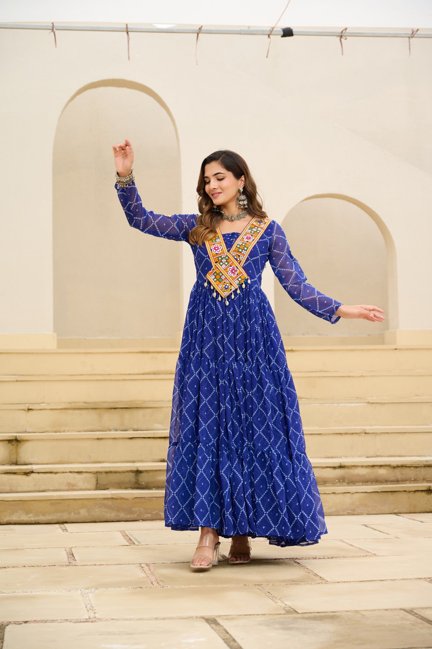 BANDHANI PRINT FAUX GEORGETTE GOWN WITH KUTCHI PATCHWORK