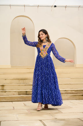 BANDHANI PRINT FAUX GEORGETTE GOWN WITH KUTCHI PATCHWORK