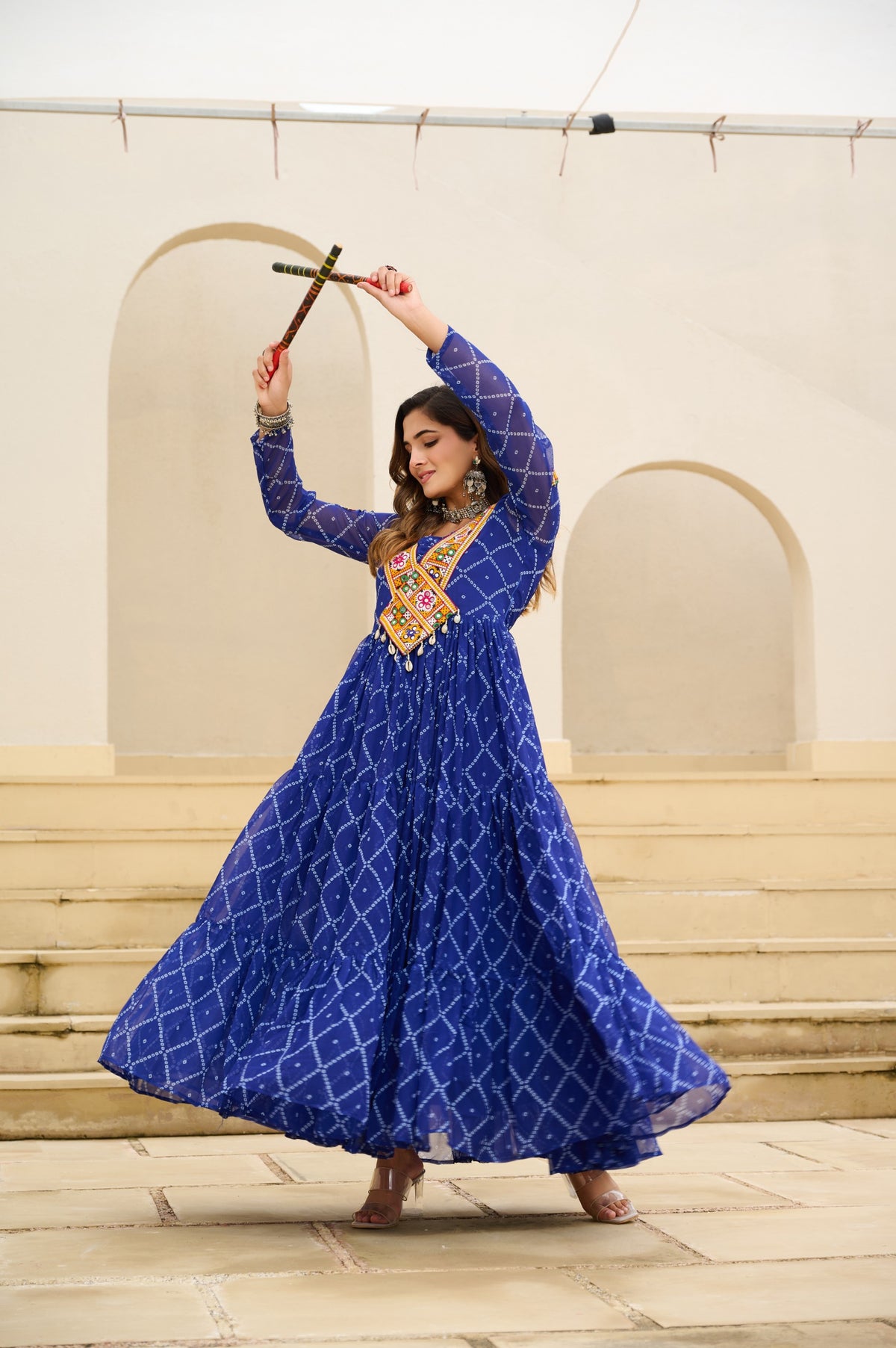 BANDHANI PRINT FAUX GEORGETTE GOWN WITH KUTCHI PATCHWORK