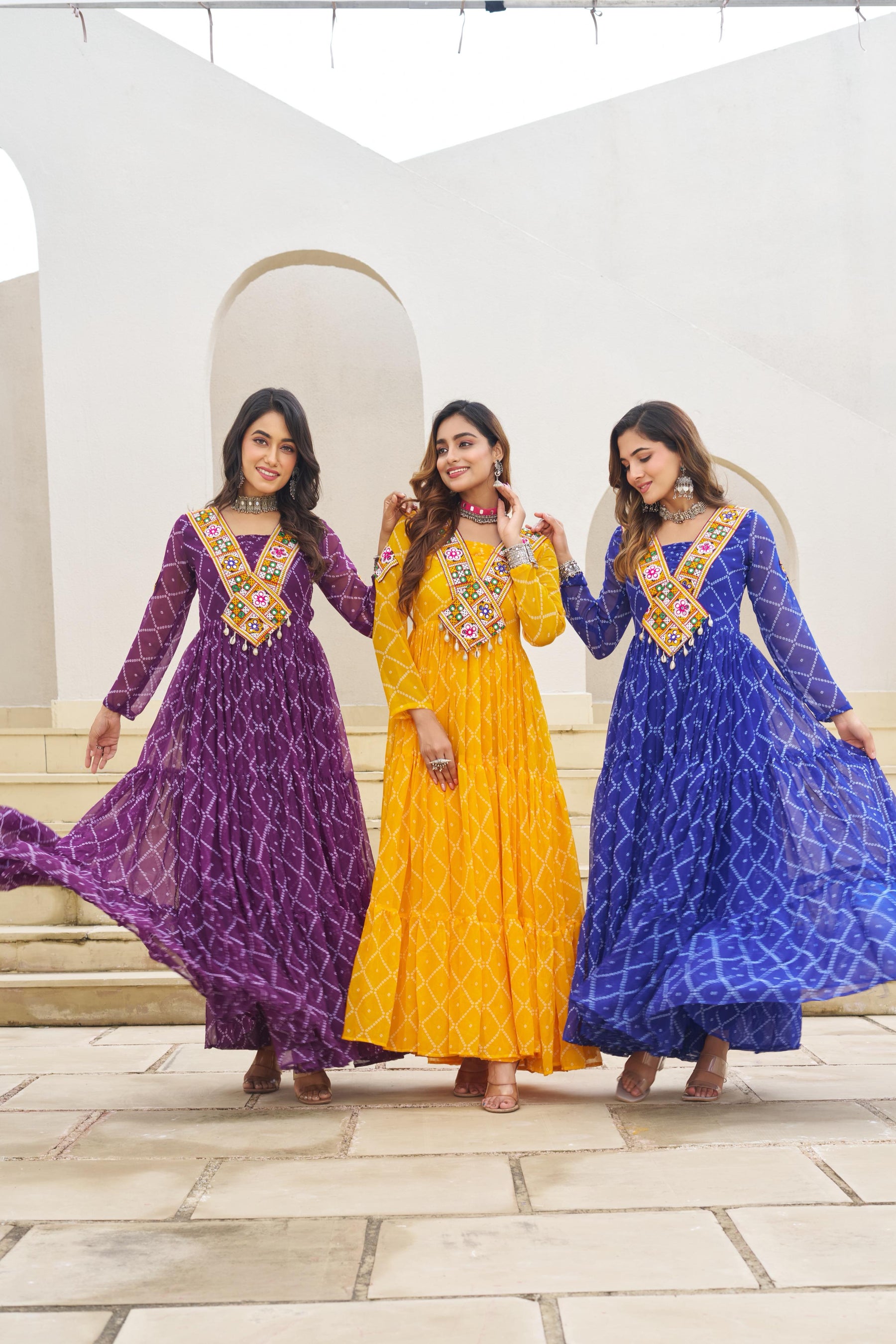 BANDHANI PRINT FAUX GEORGETTE GOWN WITH KUTCHI PATCHWORK