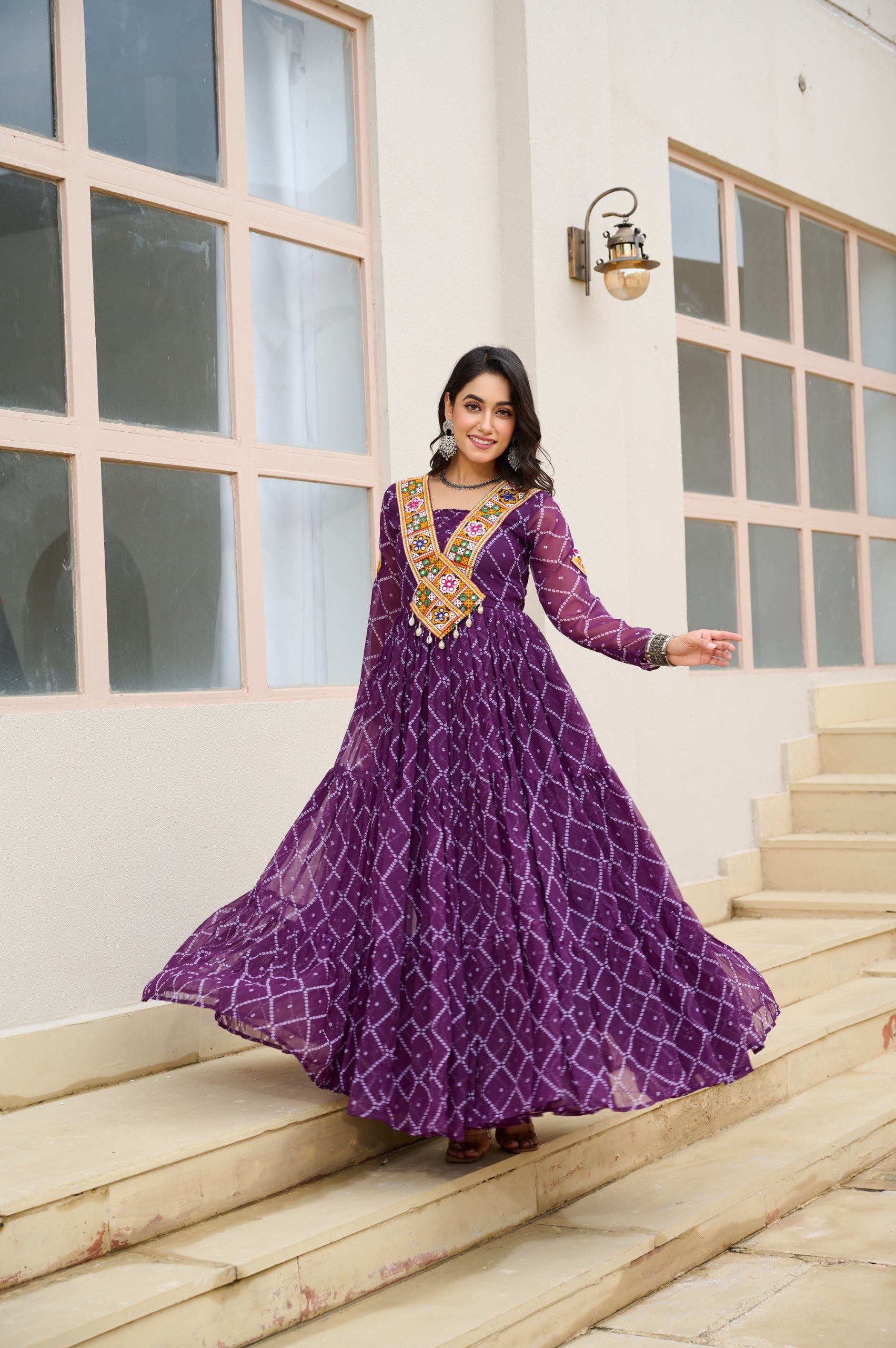 BANDHANI PRINT FAUX GEORGETTE GOWN WITH KUTCHI PATCHWORK