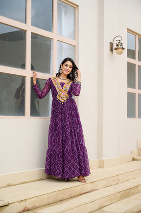 BANDHANI PRINT FAUX GEORGETTE GOWN WITH KUTCHI PATCHWORK