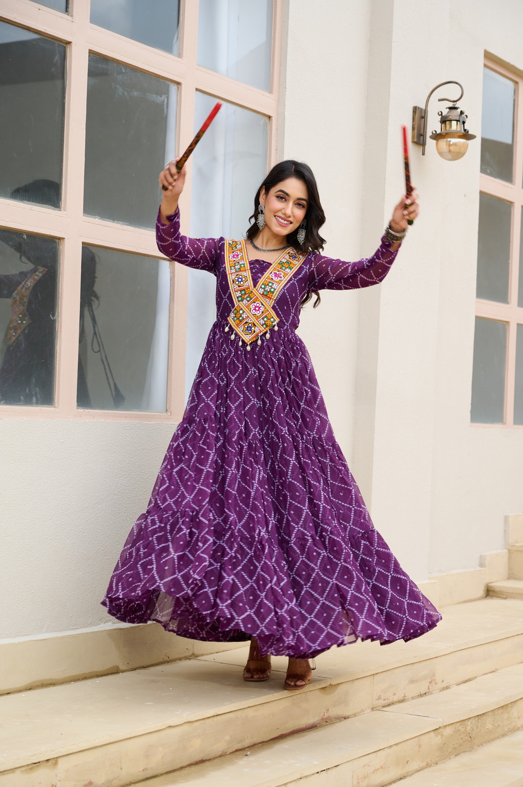 BANDHANI PRINT FAUX GEORGETTE GOWN WITH KUTCHI PATCHWORK