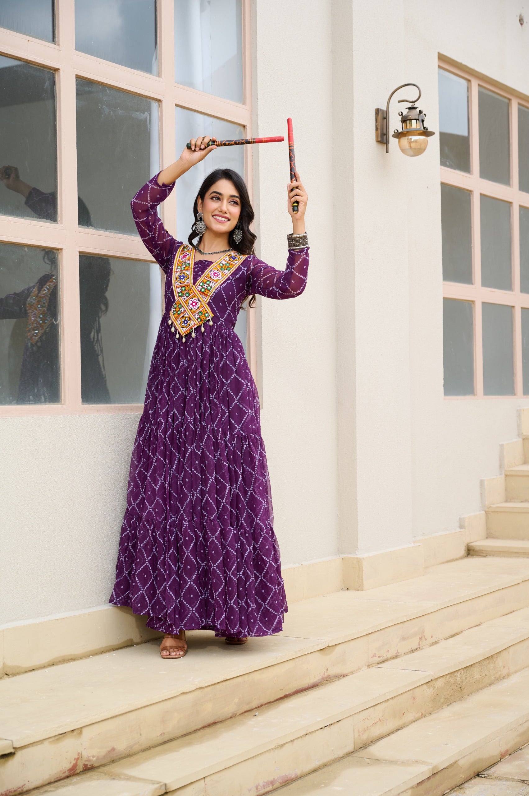 BANDHANI PRINT FAUX GEORGETTE GOWN WITH KUTCHI PATCHWORK