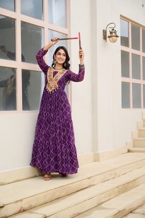 BANDHANI PRINT FAUX GEORGETTE GOWN WITH KUTCHI PATCHWORK