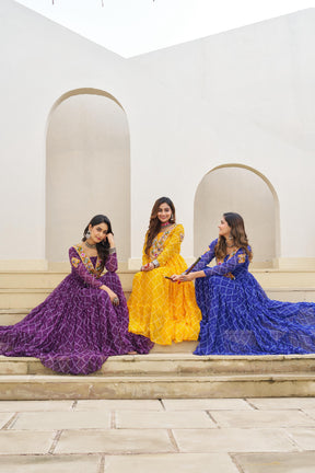 BANDHANI PRINT FAUX GEORGETTE GOWN WITH KUTCHI PATCHWORK