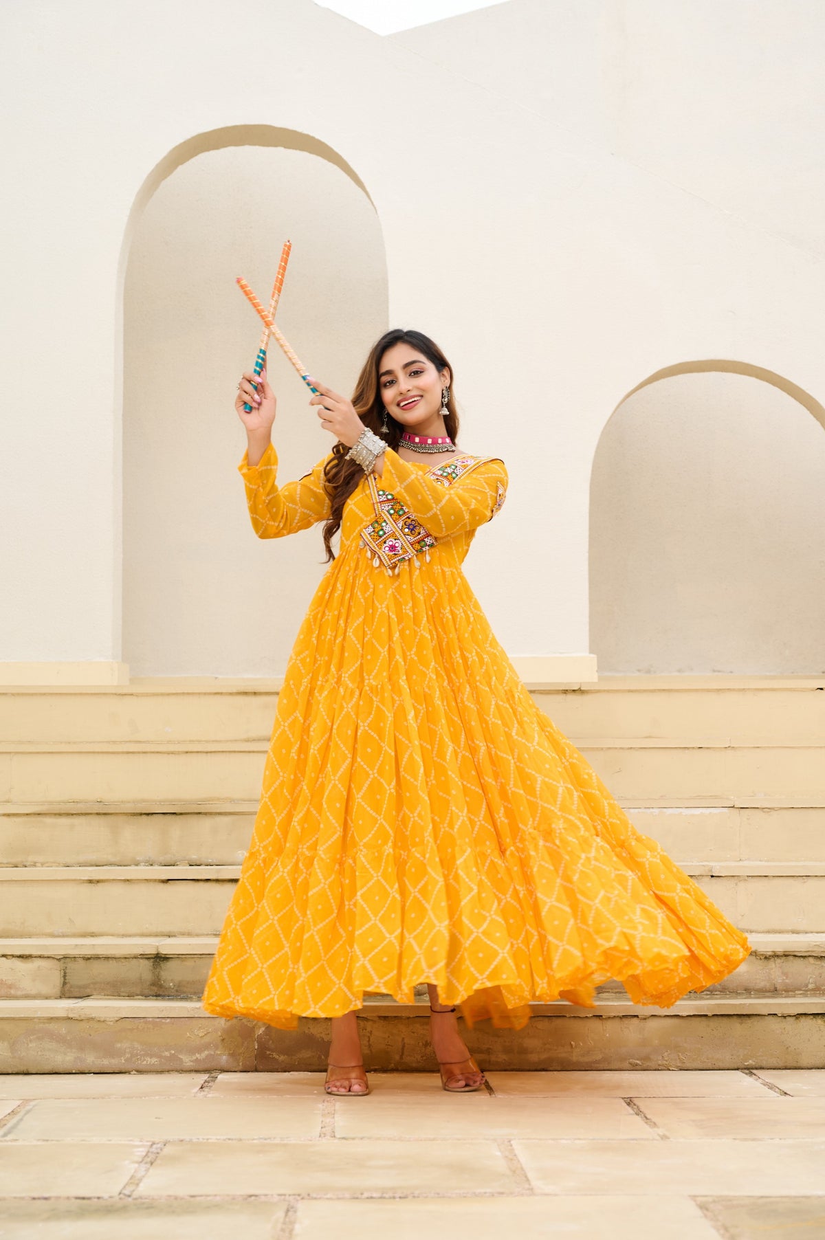 BANDHANI PRINT FAUX GEORGETTE GOWN WITH KUTCHI PATCHWORK