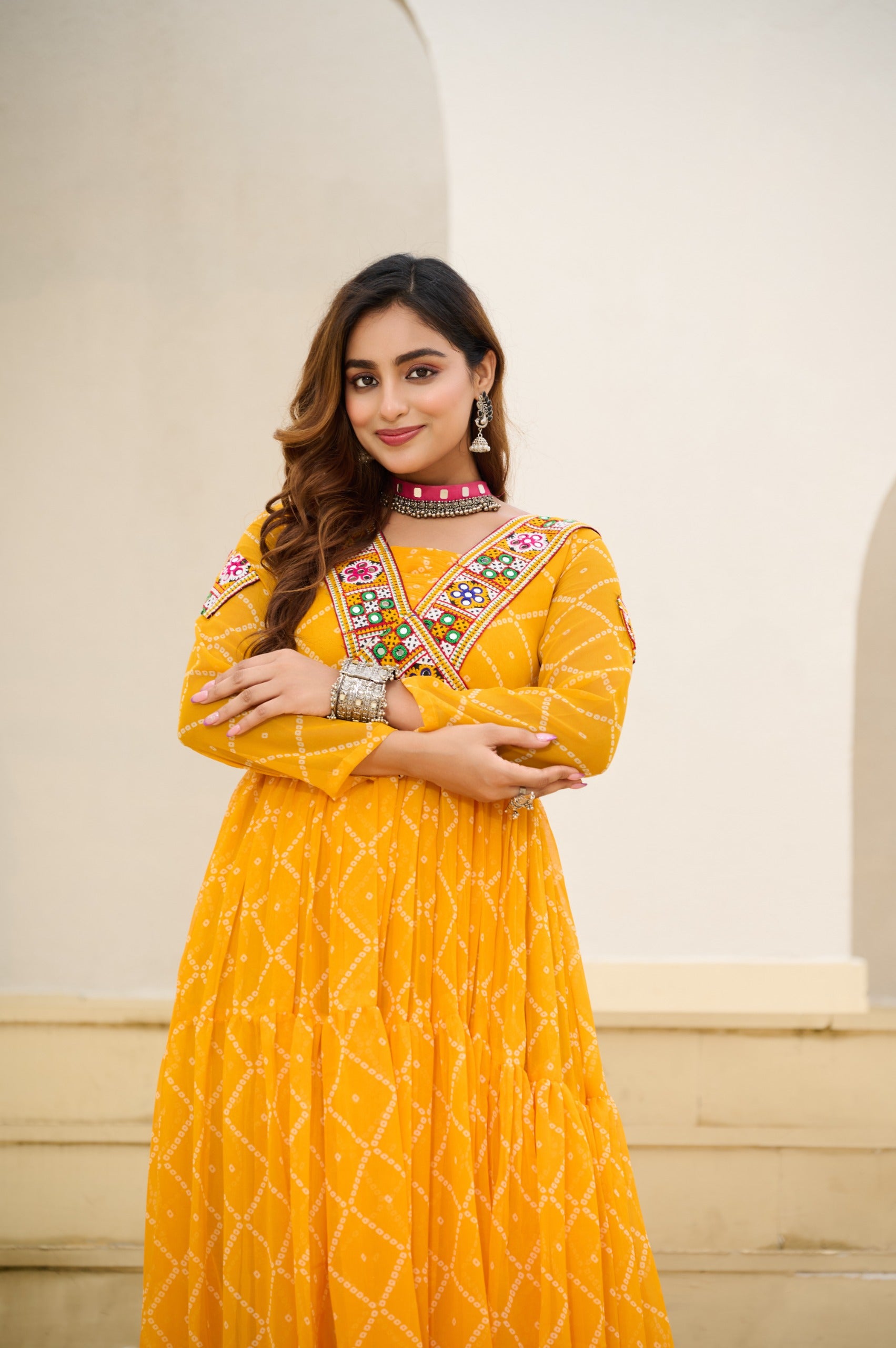 BANDHANI PRINT FAUX GEORGETTE GOWN WITH KUTCHI PATCHWORK