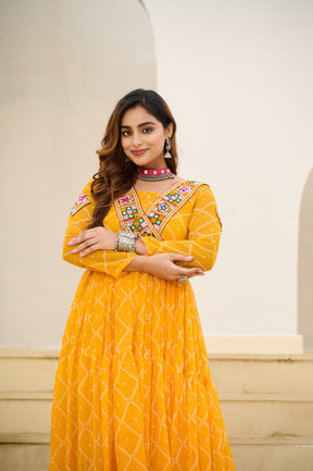 BANDHANI PRINT FAUX GEORGETTE GOWN WITH KUTCHI PATCHWORK