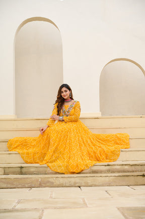 BANDHANI PRINT FAUX GEORGETTE GOWN WITH KUTCHI PATCHWORK