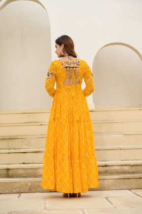 BANDHANI PRINT FAUX GEORGETTE GOWN WITH KUTCHI PATCHWORK