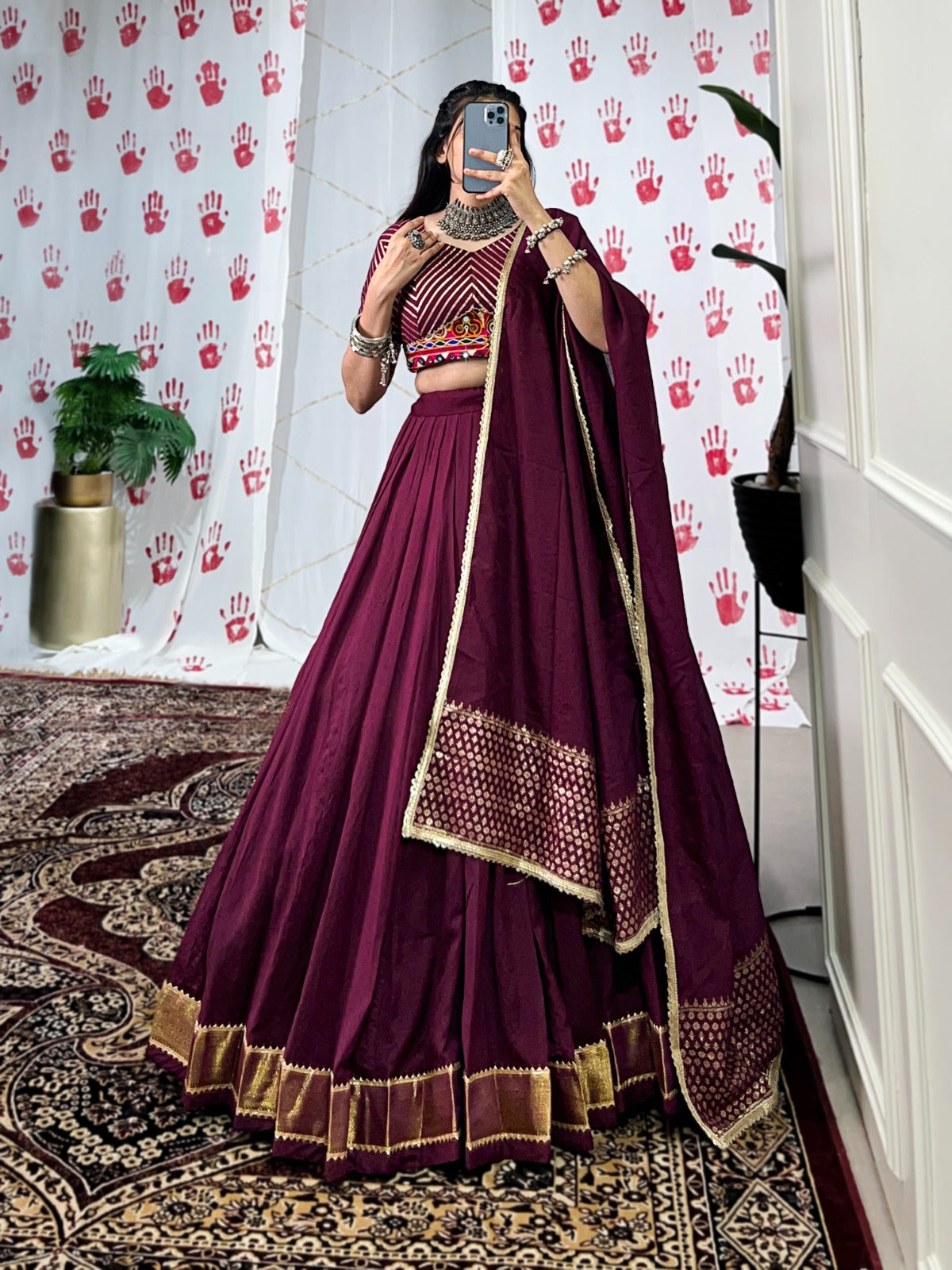 Wine Pure Chanderi Garba Choli with Gamthi Mirror