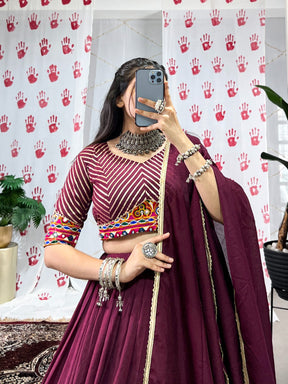 Wine Pure Chanderi Garba Choli with Gamthi Mirror