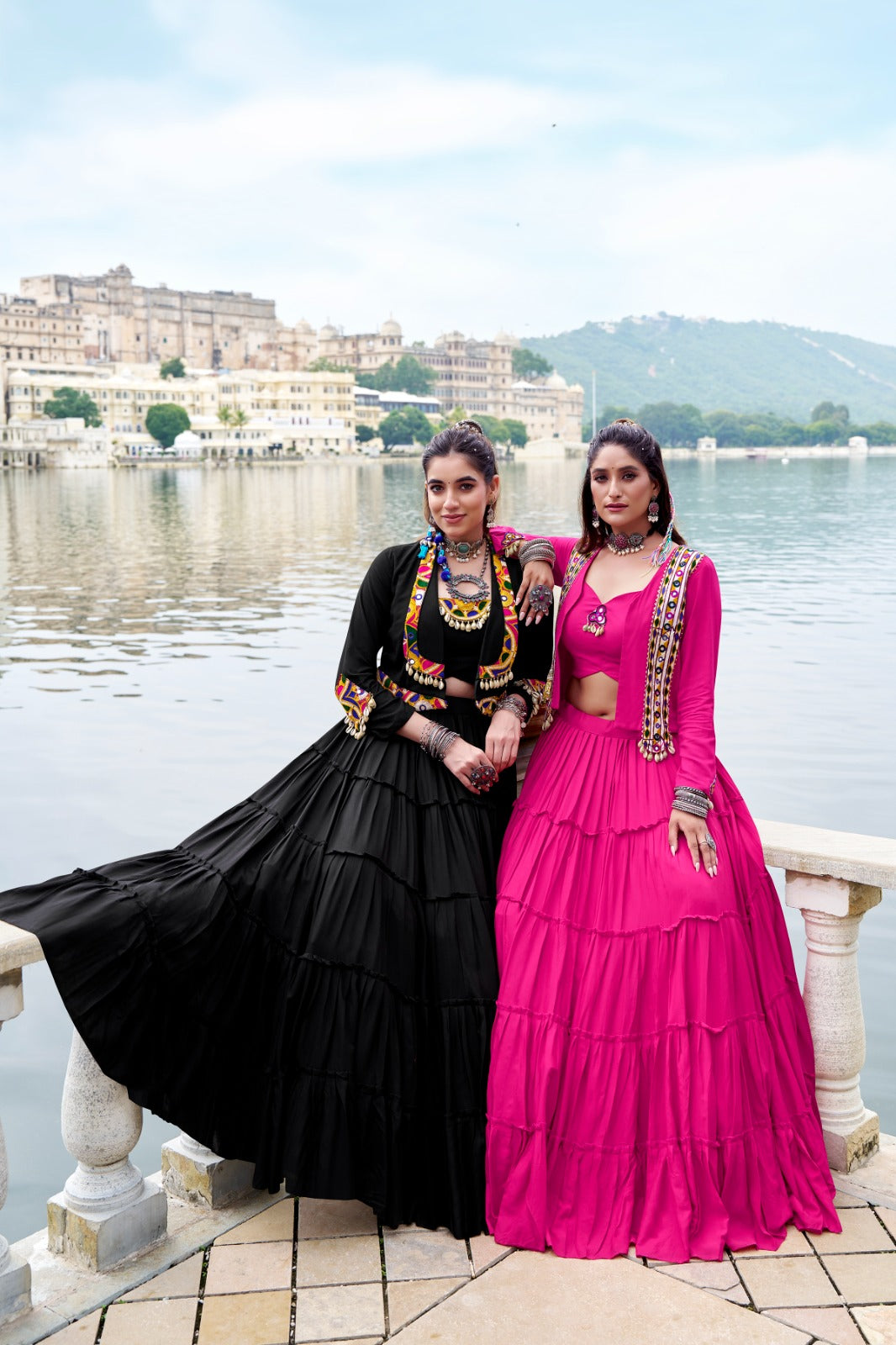 TRADITIONAL RAYON MIRROR GAMTHI WORK LEHENGA CHOLI WITH KOTI