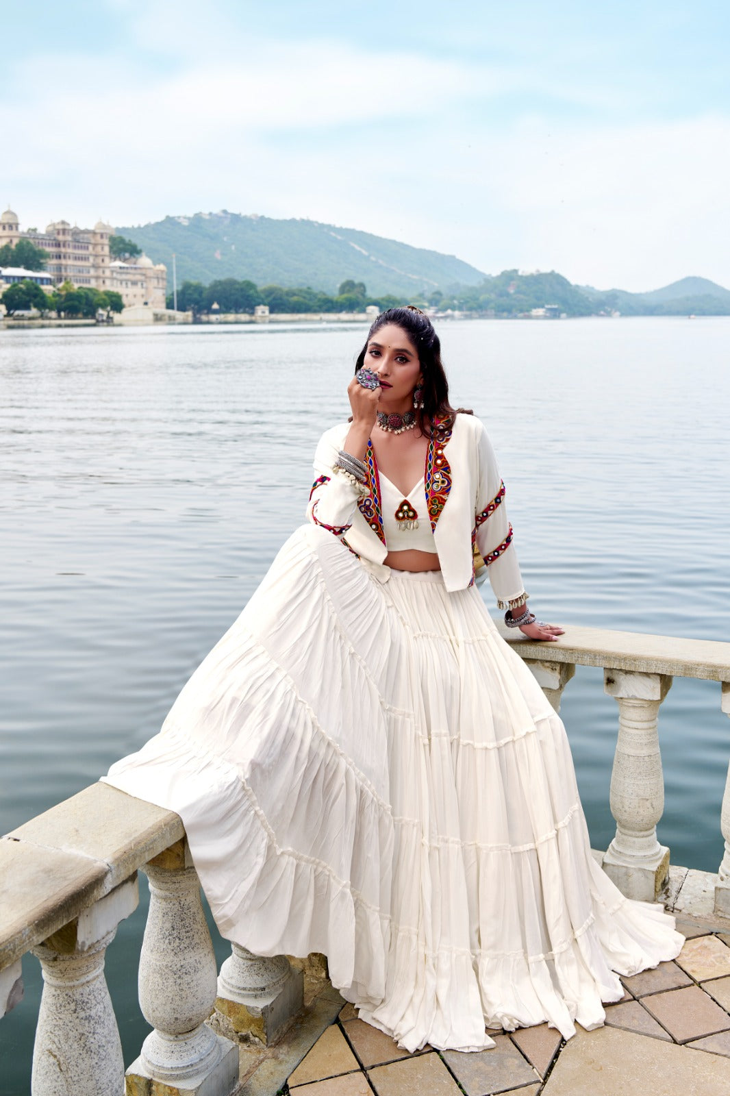 TRADITIONAL RAYON MIRROR GAMTHI WORK LEHENGA CHOLI WITH KOTI