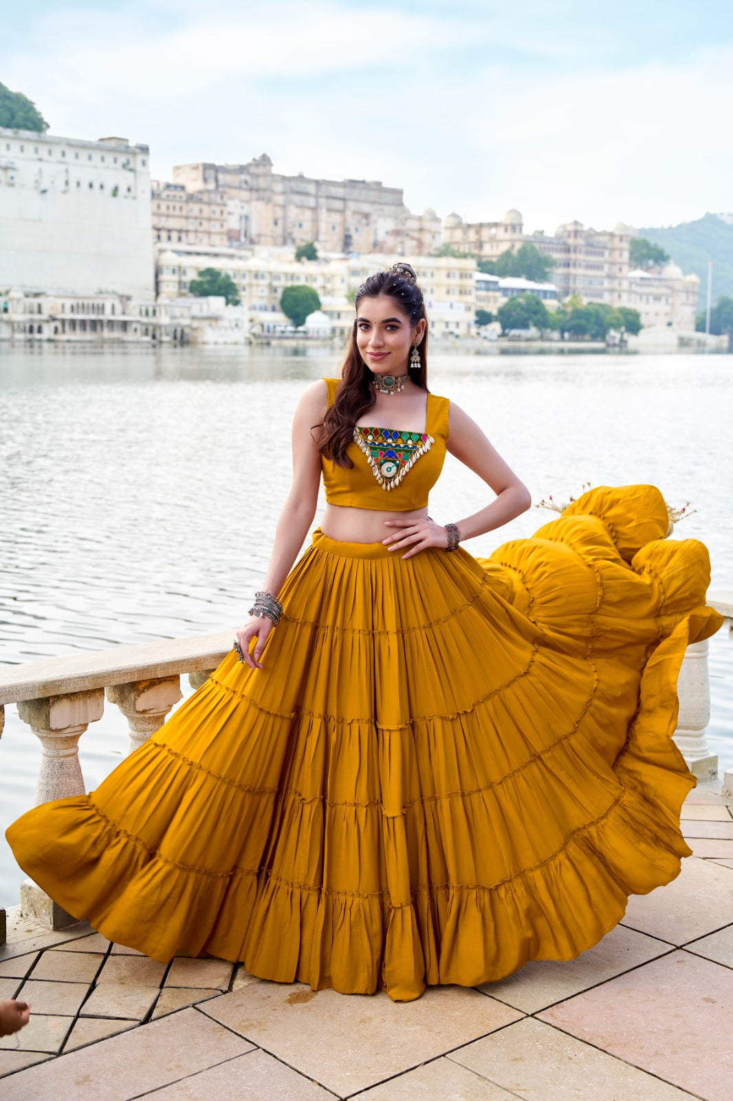 TRADITIONAL RAYON MIRROR GAMTHI WORK LEHENGA CHOLI WITH KOTI