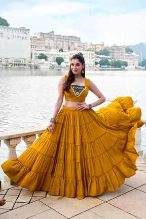 TRADITIONAL RAYON MIRROR GAMTHI WORK LEHENGA CHOLI WITH KOTI