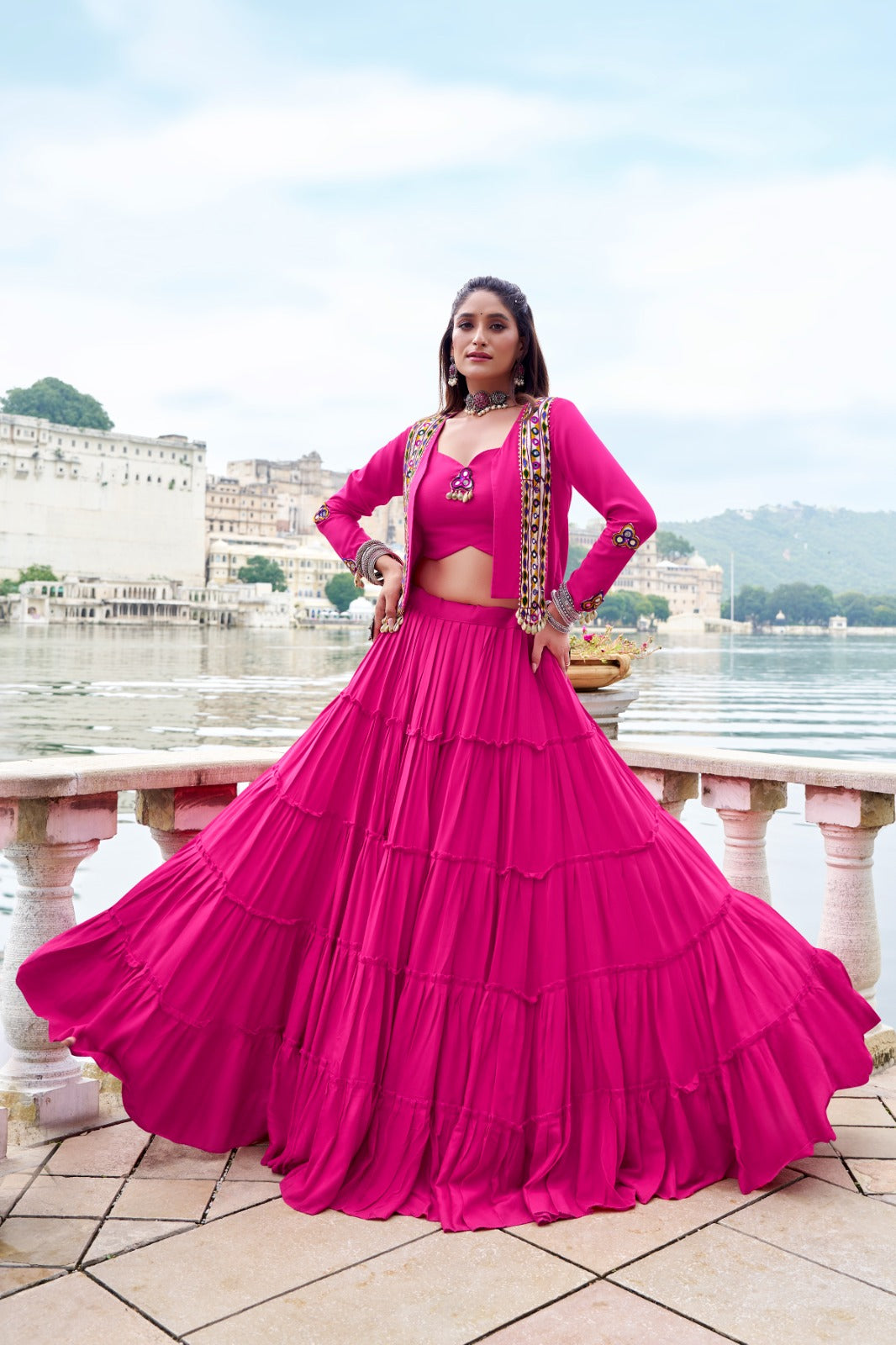 TRADITIONAL RAYON MIRROR GAMTHI WORK LEHENGA CHOLI WITH KOTI