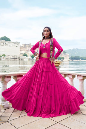 TRADITIONAL RAYON MIRROR GAMTHI WORK LEHENGA CHOLI WITH KOTI