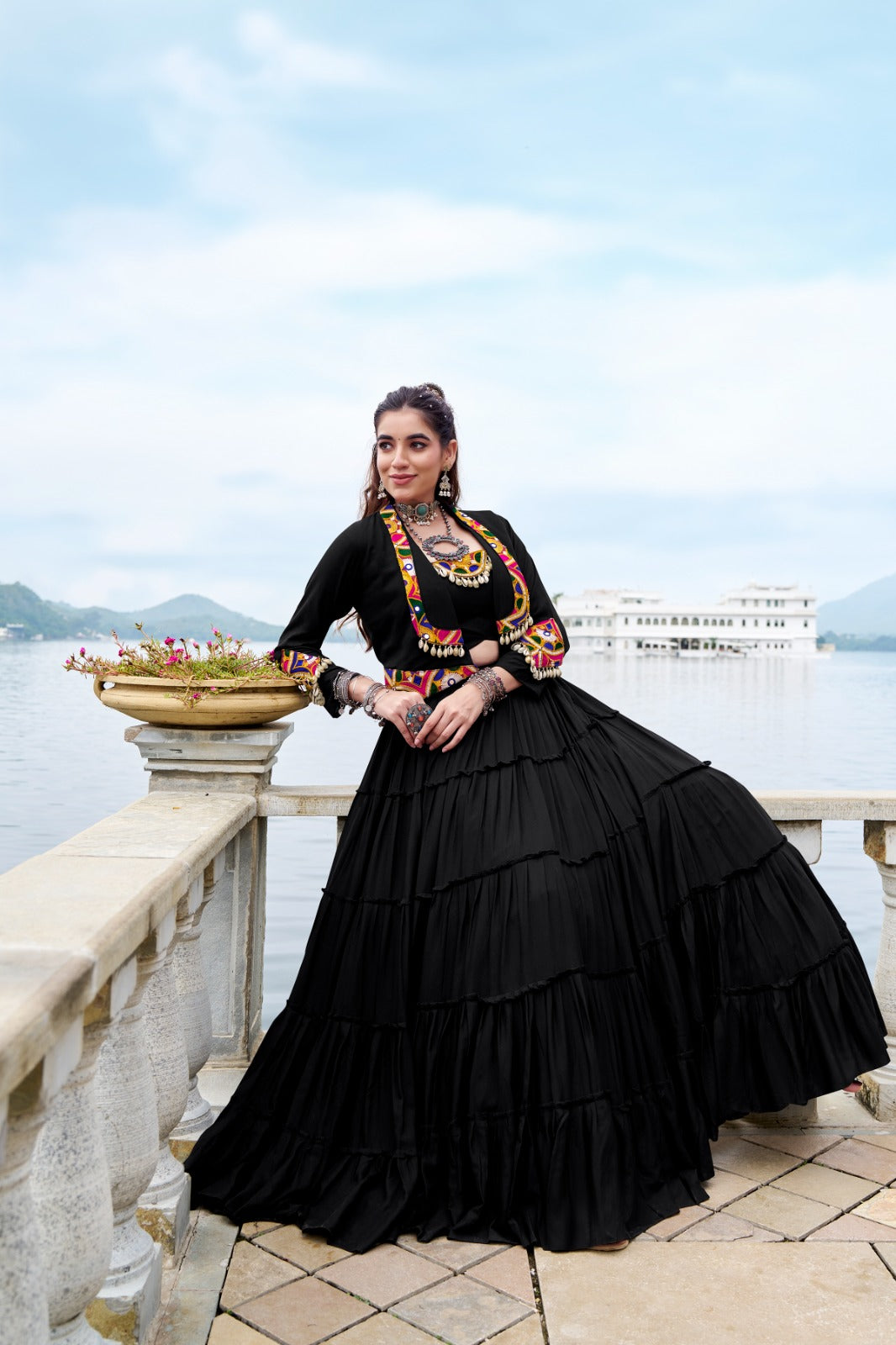 TRADITIONAL RAYON MIRROR GAMTHI WORK LEHENGA CHOLI WITH KOTI