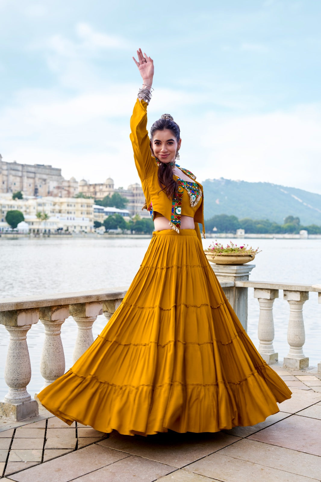TRADITIONAL RAYON MIRROR GAMTHI WORK LEHENGA CHOLI WITH KOTI