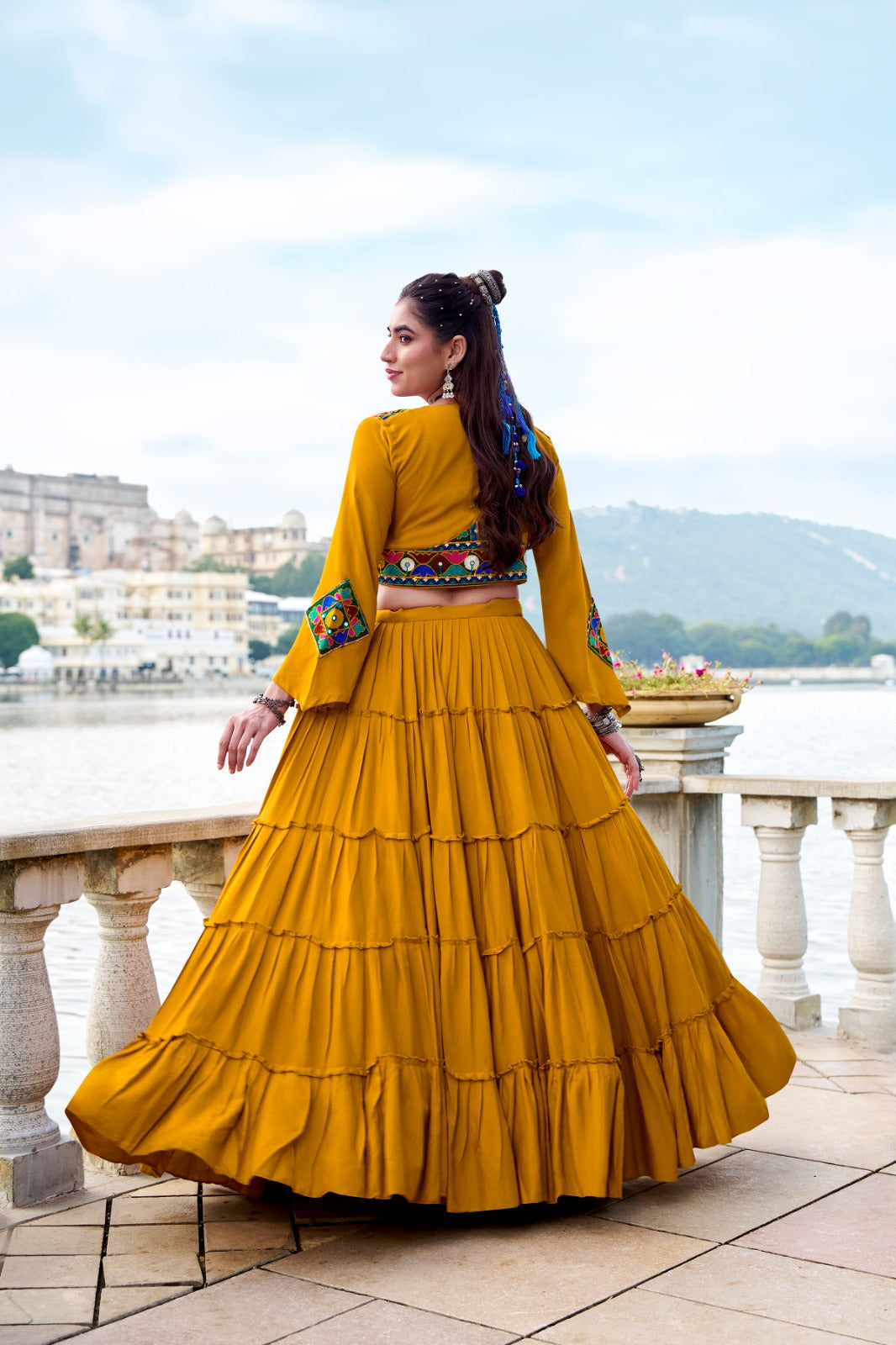 TRADITIONAL RAYON MIRROR GAMTHI WORK LEHENGA CHOLI WITH KOTI