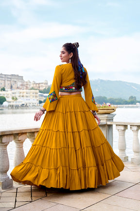 TRADITIONAL RAYON MIRROR GAMTHI WORK LEHENGA CHOLI WITH KOTI