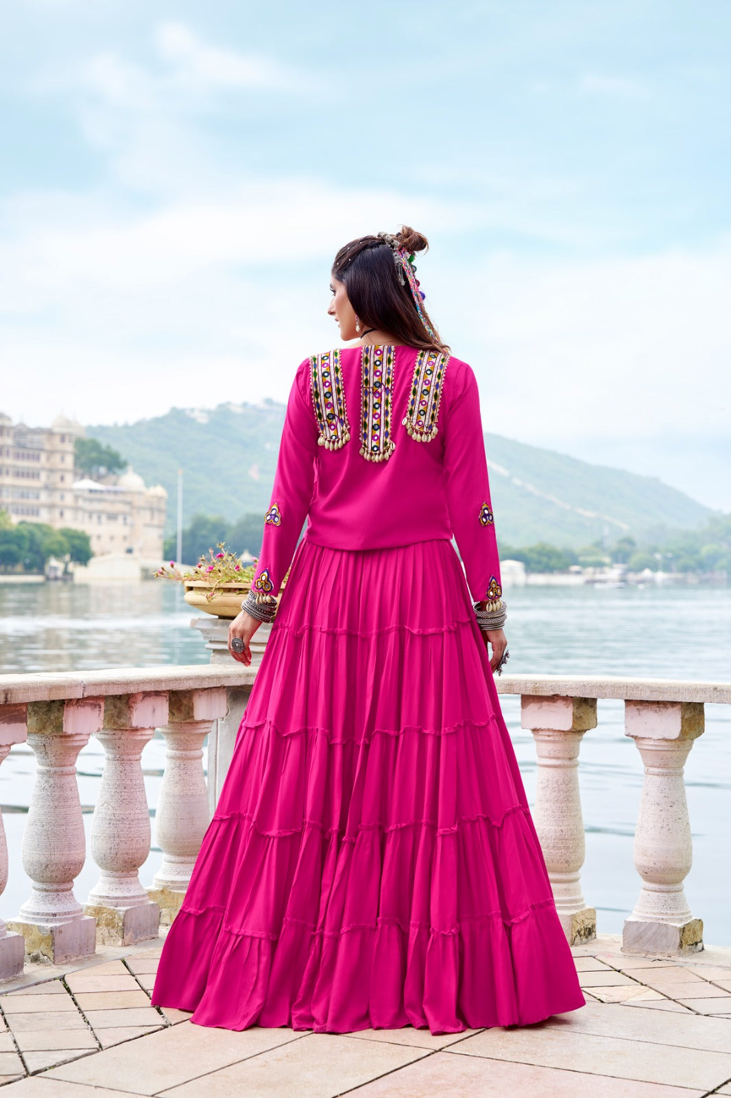 TRADITIONAL RAYON MIRROR GAMTHI WORK LEHENGA CHOLI WITH KOTI