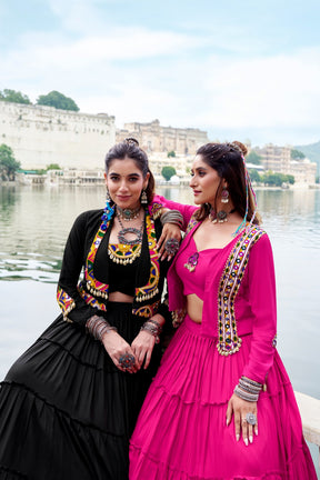 TRADITIONAL RAYON MIRROR GAMTHI WORK LEHENGA CHOLI WITH KOTI