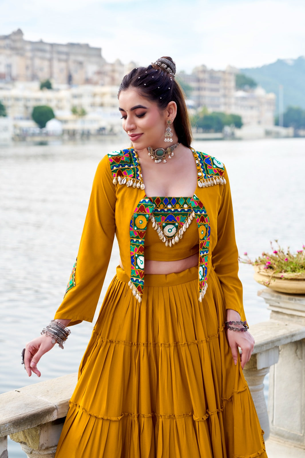 TRADITIONAL RAYON MIRROR GAMTHI WORK LEHENGA CHOLI WITH KOTI