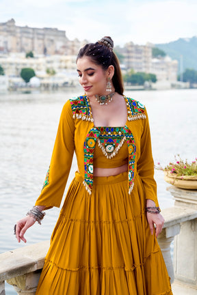 TRADITIONAL RAYON MIRROR GAMTHI WORK LEHENGA CHOLI WITH KOTI