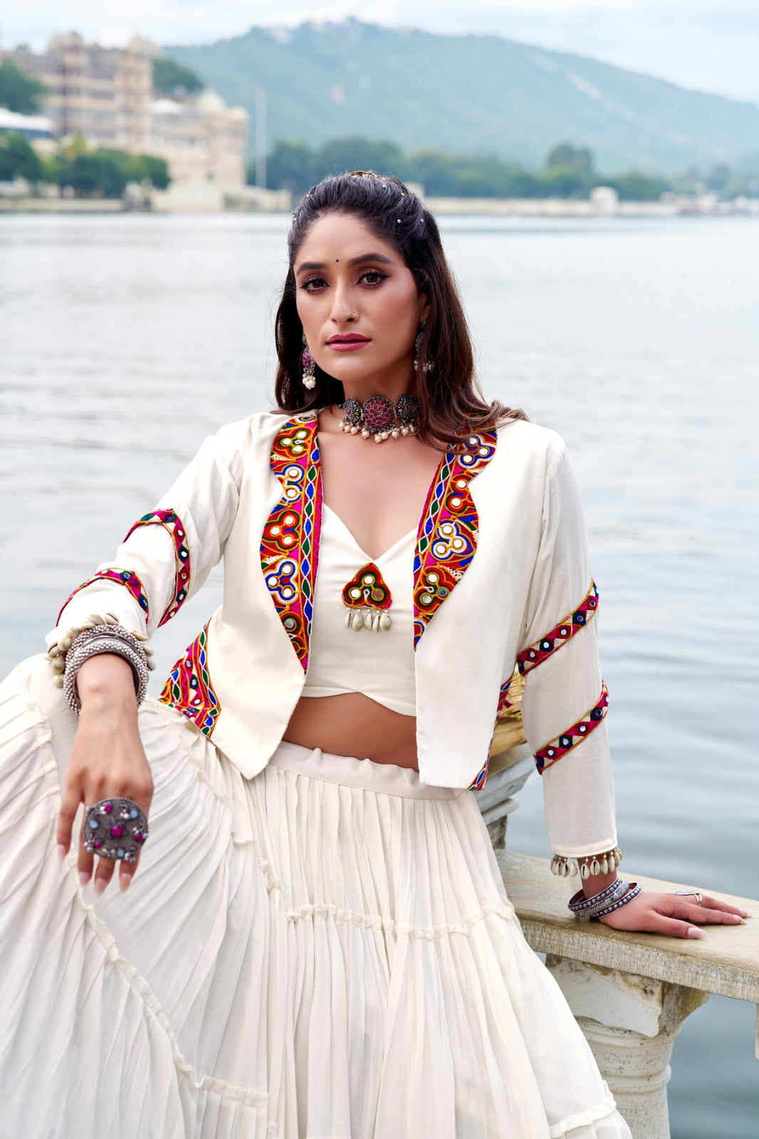 TRADITIONAL RAYON MIRROR GAMTHI WORK LEHENGA CHOLI WITH KOTI