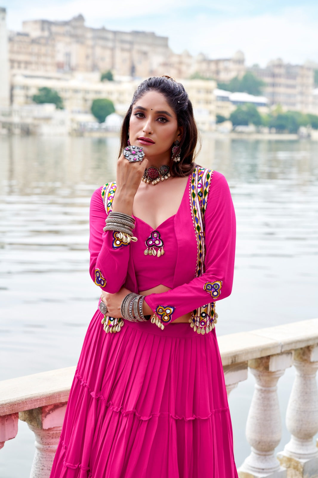 TRADITIONAL RAYON MIRROR GAMTHI WORK LEHENGA CHOLI WITH KOTI