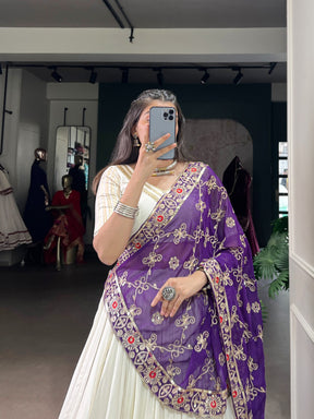 WHITE RAYON LEHENGA WITH ZARI WEAVE BLOUSE & GEORGETTE DUPATTA