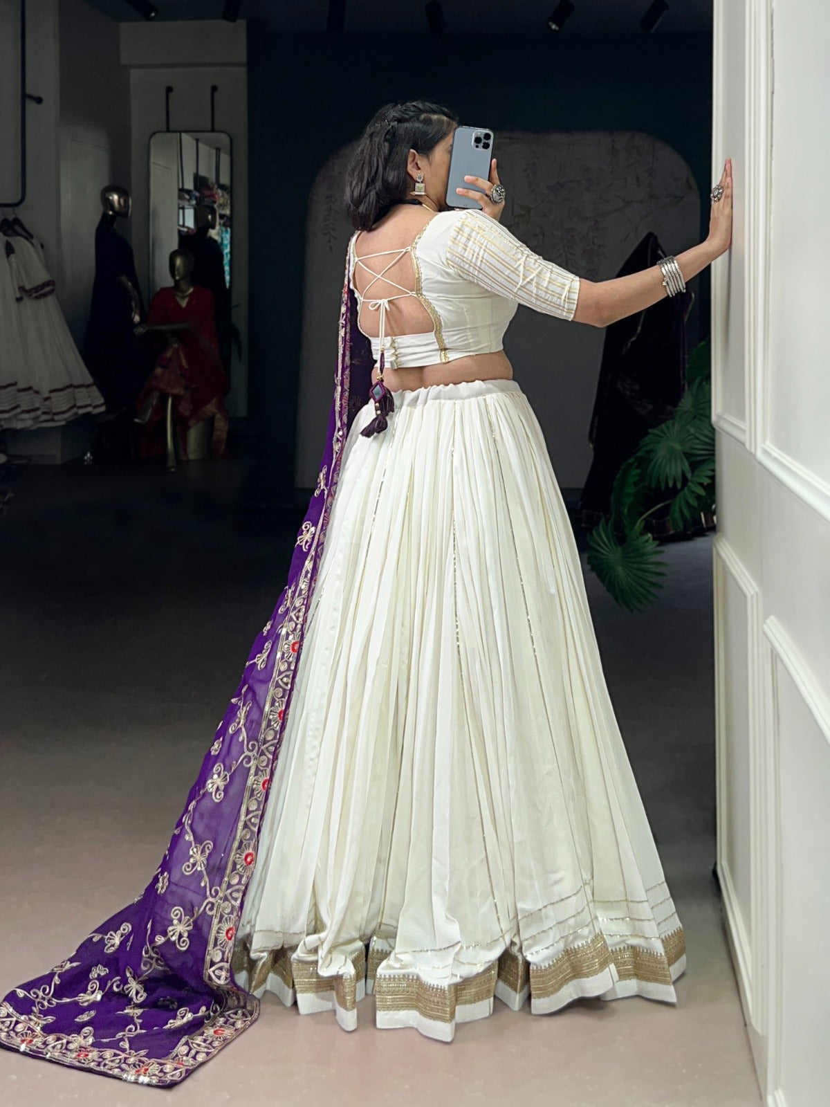 WHITE RAYON LEHENGA WITH ZARI WEAVE BLOUSE & GEORGETTE DUPATTA