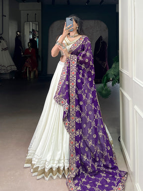 WHITE RAYON LEHENGA WITH ZARI WEAVE BLOUSE & GEORGETTE DUPATTA