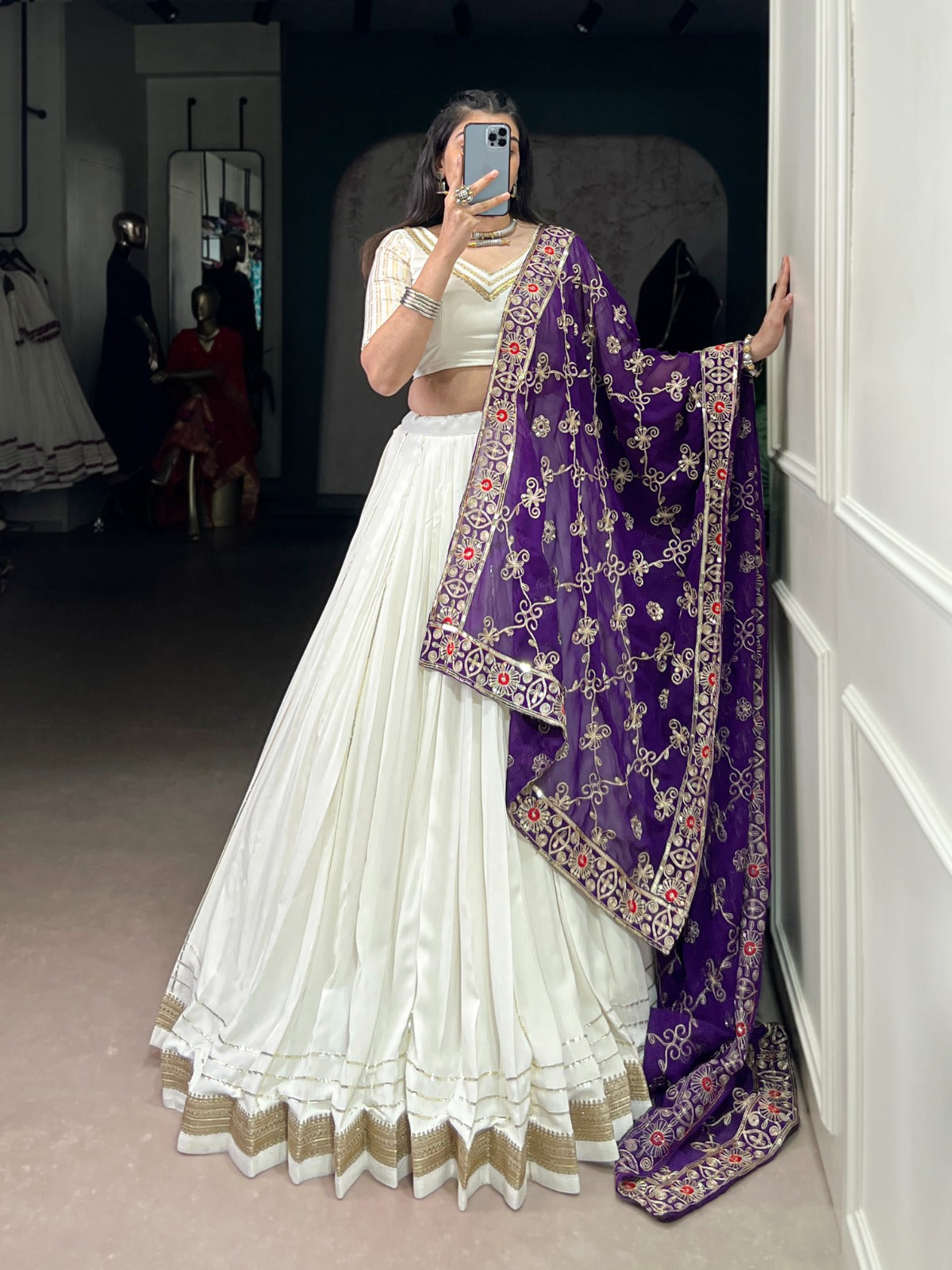 WHITE RAYON LEHENGA WITH ZARI WEAVE BLOUSE & GEORGETTE DUPATTA