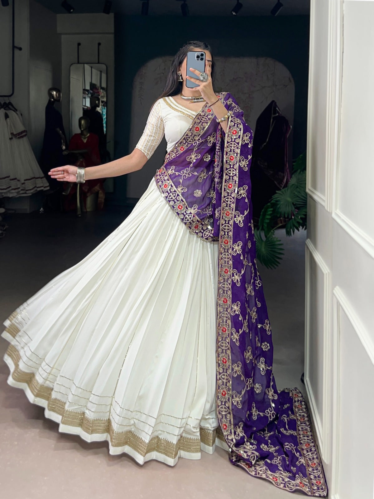 WHITE RAYON LEHENGA WITH ZARI WEAVE BLOUSE & GEORGETTE DUPATTA