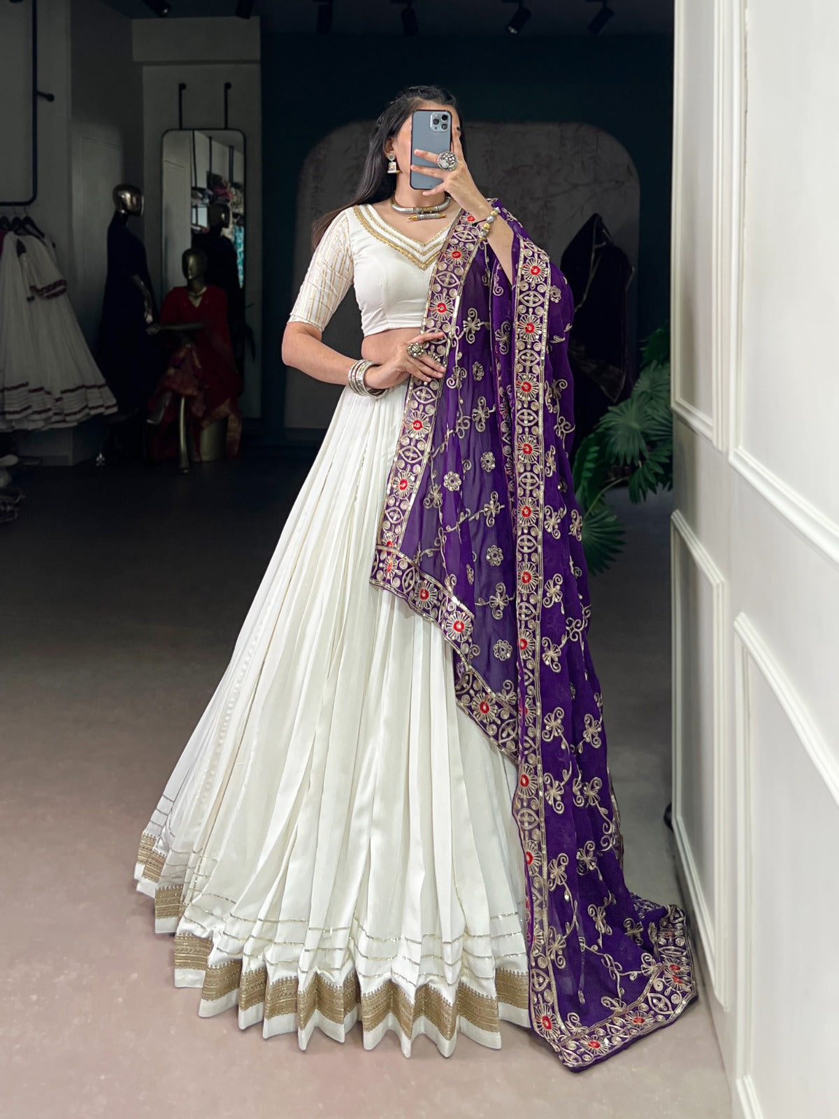 WHITE RAYON LEHENGA WITH ZARI WEAVE BLOUSE & GEORGETTE DUPATTA