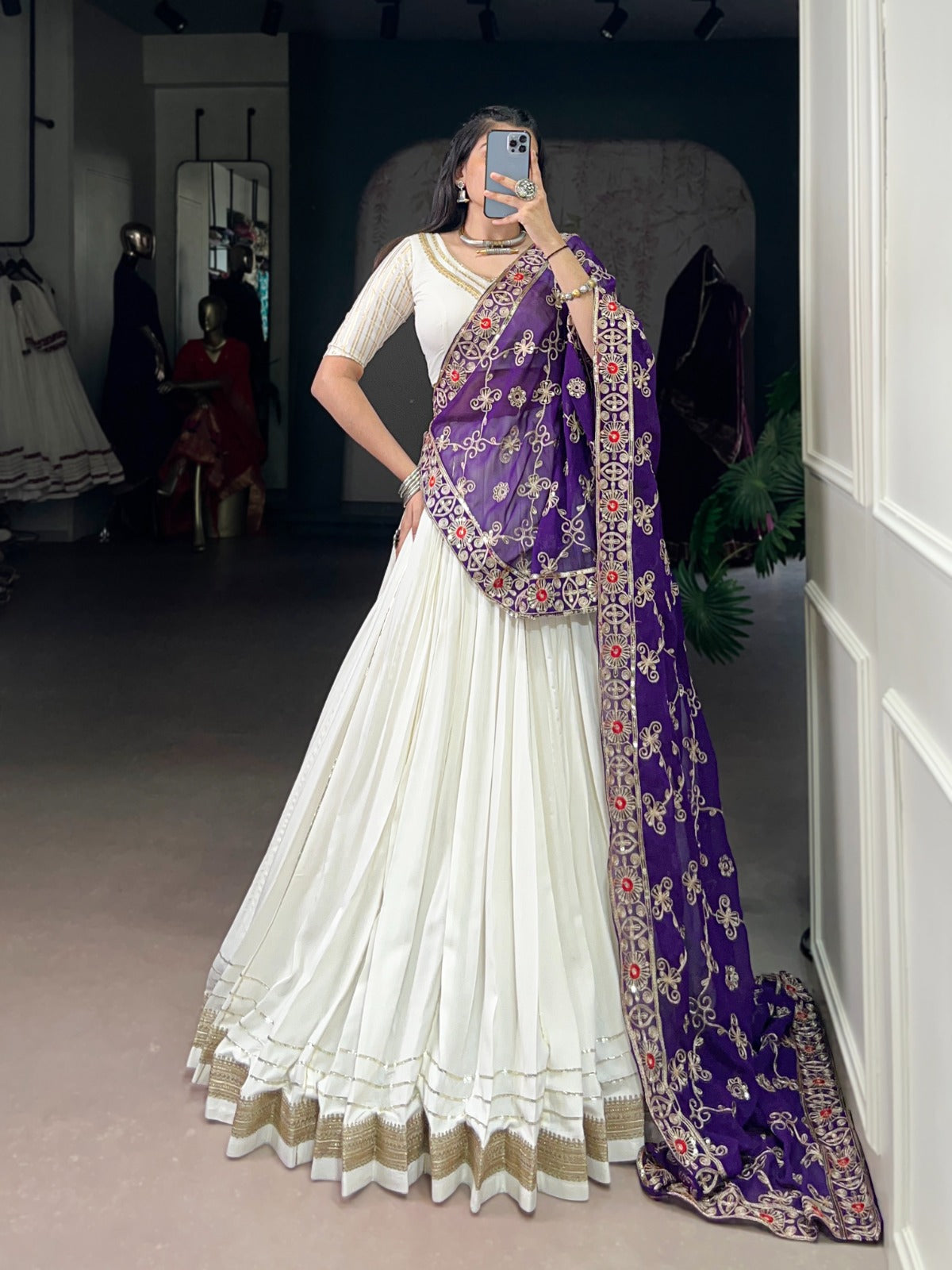 WHITE RAYON LEHENGA WITH ZARI WEAVE BLOUSE & GEORGETTE DUPATTA