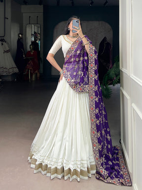 WHITE RAYON LEHENGA WITH ZARI WEAVE BLOUSE & GEORGETTE DUPATTA
