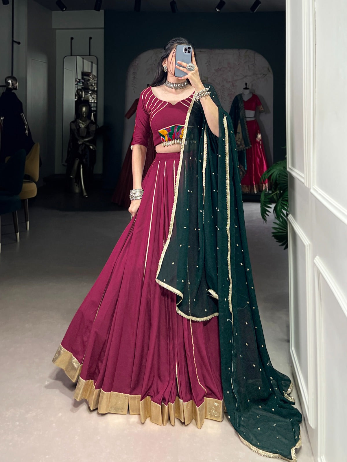 DESIGNER RAYON LEHENGA CHOLI WITH MIRROR GAMTHI & GOTTA PATTI WORK