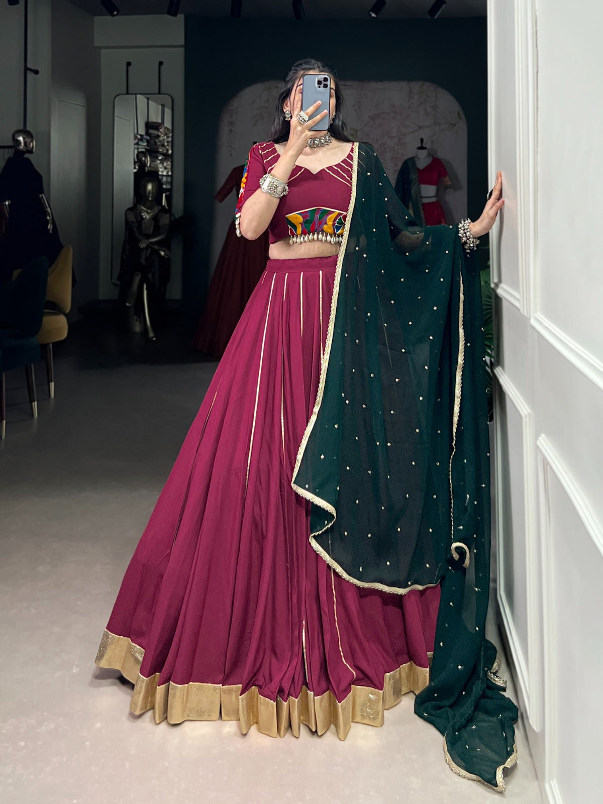 DESIGNER RAYON LEHENGA CHOLI WITH MIRROR GAMTHI & GOTTA PATTI WORK