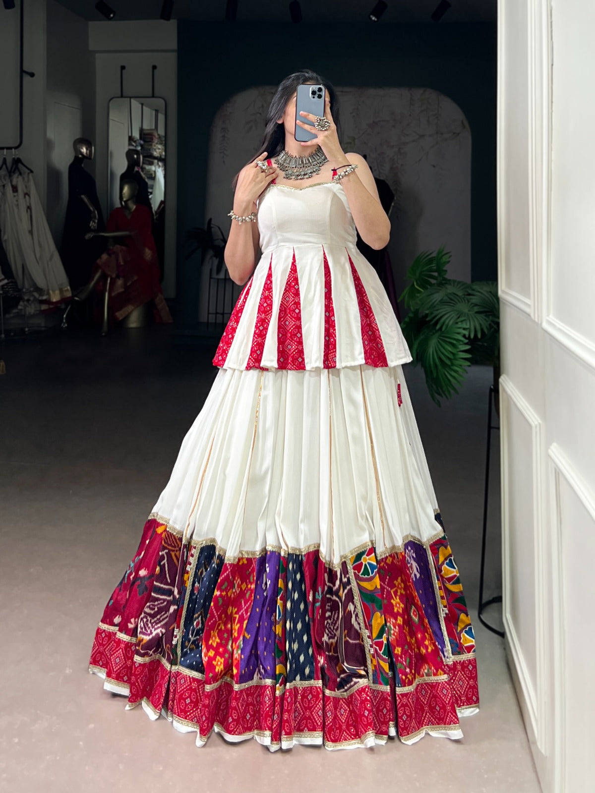 WHITE RAYON BANDHANI PRINT LEHENGA CHOLI WITH MULTI-COLOR PATCHWORK