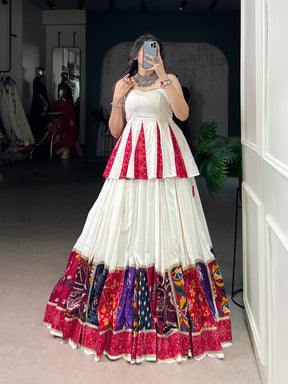 WHITE RAYON BANDHANI PRINT LEHENGA CHOLI WITH MULTI-COLOR PATCHWORK