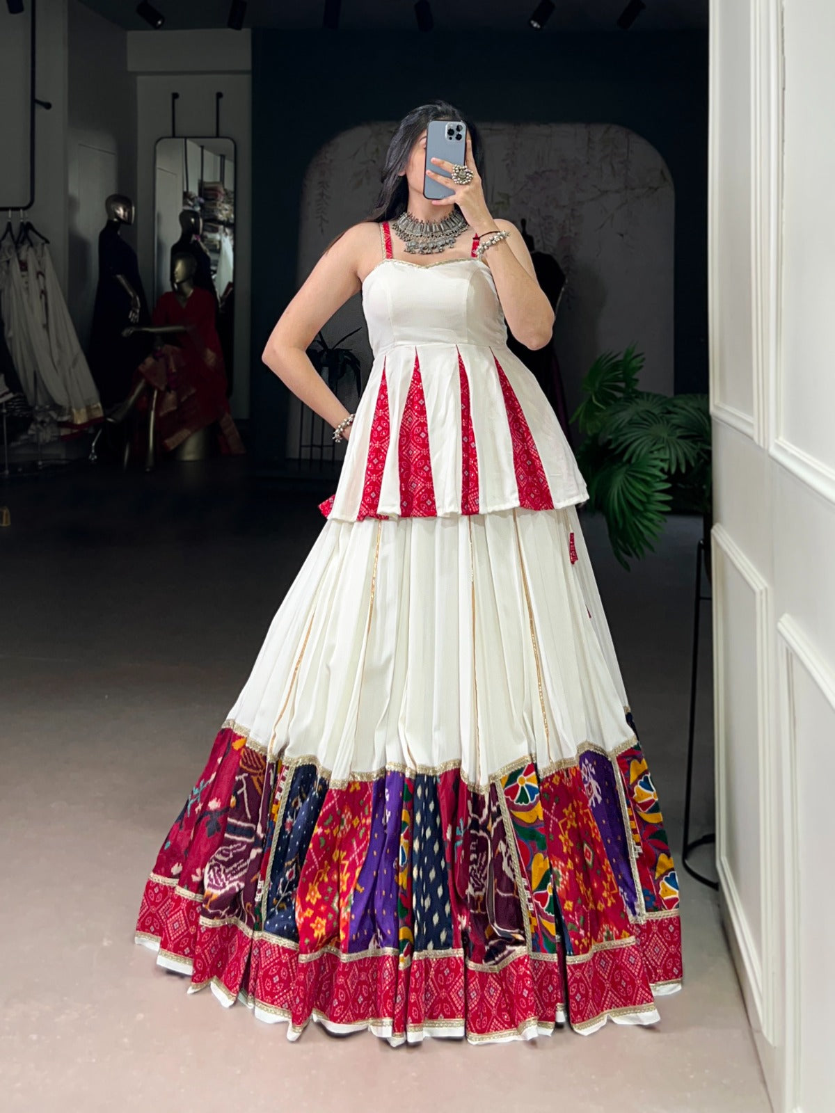 WHITE RAYON BANDHANI PRINT LEHENGA CHOLI WITH MULTI-COLOR PATCHWORK