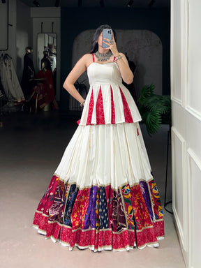 WHITE RAYON BANDHANI PRINT LEHENGA CHOLI WITH MULTI-COLOR PATCHWORK